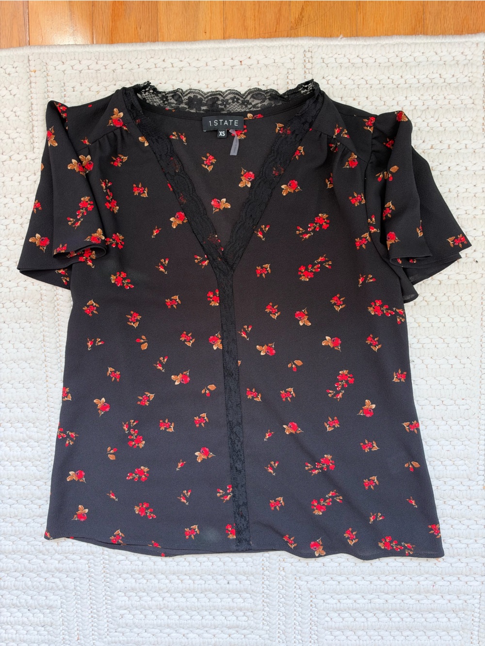 Black Floral Lace-Trim Blouse